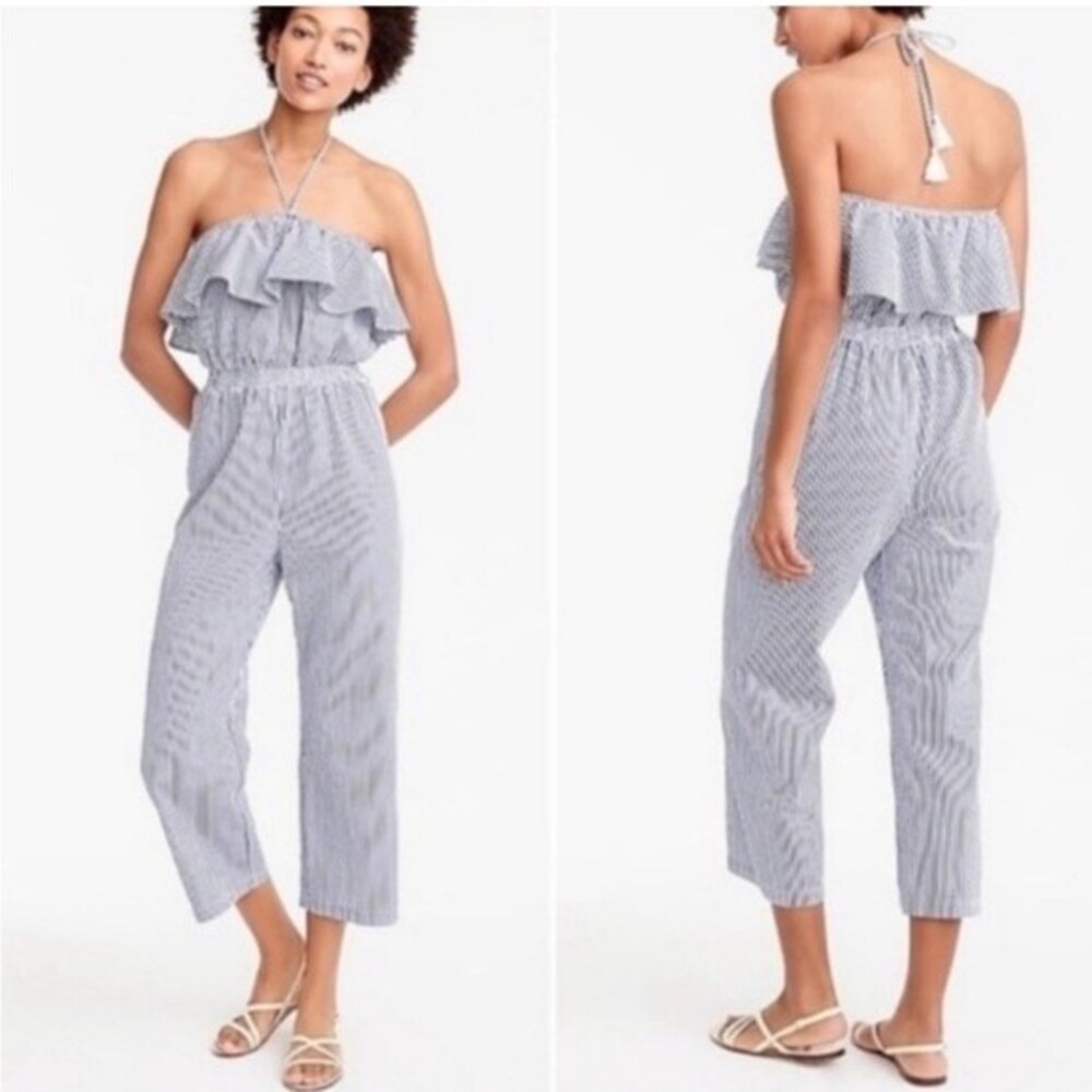 J. Crew Blue and White Stripe Strapless Straight Leg Jumpsuit Size Womens Small